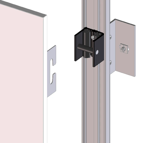 Q-HOOK connection: hook plate with slot on the panel edge, Q-HOOK block with pin on the aluminium rail